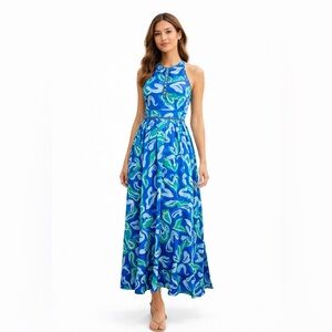 Anthropologie Abel the Label Halter Maxi Dress Blue Green Strappy Back S